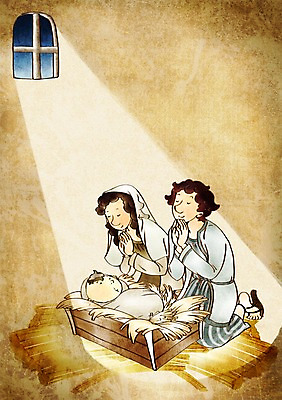 PSD 여자 남자 기독교 종교 일러스트 창문 부활절 사랑 미소 웃음 사람 빛 믿음 기도 아기 예수 마리아 아기예수 요셉 마굿간 국내일러스트 기념일 감정 표정 신_종교 외양간 파일형식