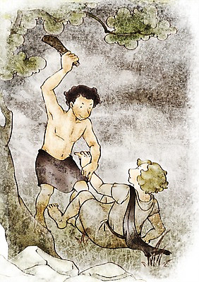 PSD 나무 남자 기독교 종교 일러스트 밤하늘 부활절 사랑 서기 사람 두명 믿음 돌_바위 바위 예수 형제 돌칼 아벨 남자만 국내일러스트 식물 기념일 감정 가족 모션 하늘 신_종교 칼 야간 파일형식