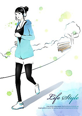 전신 PSD 나무 우먼라이프 라이프스타일 여자 벤치 일러스트 한명 사람 라이프 달리기 조깅 운동 헤드폰 여자만 여자한명만 국내일러스트 식물 1 음향기기 의자 모션 건강 생활 파일형식