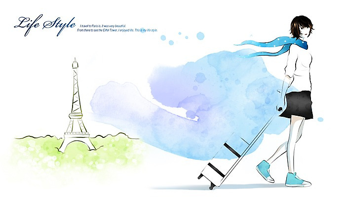 전신 PSD 우먼라이프 라이프스타일 여자 여행 일러스트 한명 서기 사람 라이프 캐리어 여행가방 에펠탑 여자만 여자한명만 국내일러스트 1 가방 모션 생활 파리 랜드마크 파일형식