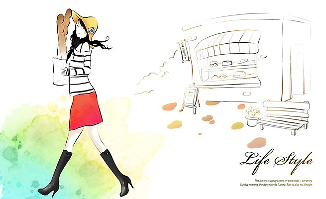 전신 PSD 모자 우먼라이프 라이프스타일 여자 빵 벤치 일러스트 한명 서기 사람 라이프 빵집 바게트 여자만 여자한명만 국내일러스트 1 잡화 음식 의자 모션 생활 상점 파일형식