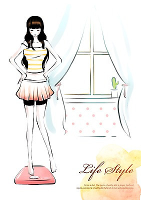 전신 PSD 우먼라이프 라이프스타일 여자 화분 다이어트 일러스트 창문 선인장 한명 서기 사람 라이프 커튼 체중계 감량 여자만 여자한명만 국내일러스트 식물 1 모션 건강 생활 파일형식