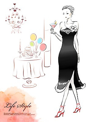 PSD 우먼라이프 라이프스타일 드레스 여자 일러스트 탁자 한명 사람 라이프 파티 케이크 칵테일 상들리에 풍요 여자만 여자한명만 국내일러스트 1 옷 가구 컨셉 디저트 주류 이벤트 생활 파일형식