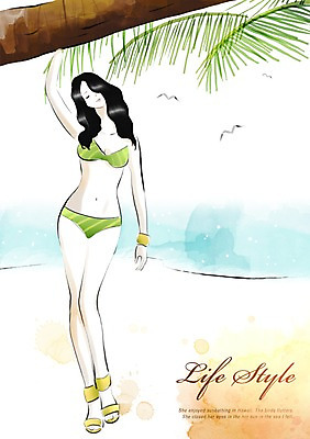 전신 PSD 우먼라이프 라이프스타일 여자 수영복 일러스트 한명 서기 사람 해변 라이프 비키니 야자수 여자만 여자한명만 국내일러스트 나무 1 옷 바다 모션 생활 파일형식