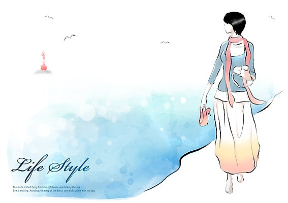 전신 PSD 우먼라이프 라이프스타일 여자 바다 일러스트 갈매기 등대 한명 서기 사람 해변 라이프 산책 가을 여자만 여자한명만 국내일러스트 1 계절 모션 조류 휴식 생활 파일형식