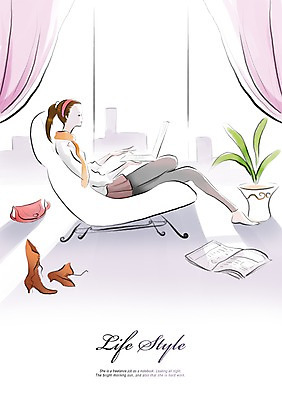 PSD 우먼라이프 라이프스타일 여자 화분 인터넷 의자 가방 일러스트 창문 부츠 한명 사람 앉기 라이프 노트북 커튼 신문 여자만 여자한명만 국내일러스트 1 잡화 가구 신발 모션 생활 간행물 전자제품 뉴스 파일형식