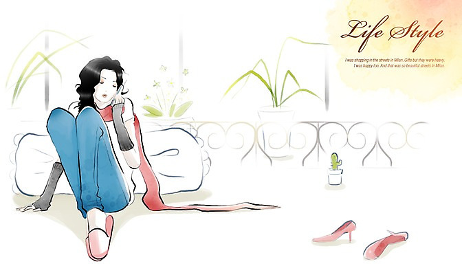 PSD 우먼라이프 라이프스타일 여자 화분 구두 일러스트 선인장 한명 사람 앉기 라이프 스마트폰 발코니 통화 여자만 여자한명만 국내일러스트 식물 1 신발 모션 생활 핸드폰 스마트기기 파일형식