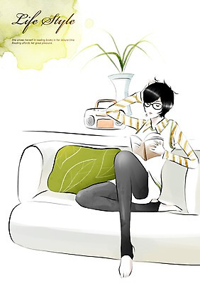 전신 PSD 우먼라이프 라이프스타일 여자 화분 쿠션 일러스트 한명 사람 앉기 라이프 책 소파 독서 라디오 여자만 여자한명만 국내일러스트 1 의자 모션 생활 전자제품 파일형식