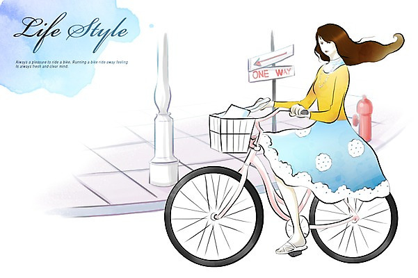 PSD 우먼라이프 라이프스타일 여자 길 일러스트 한명 사람 라이프 자전거 산책 표지판 여자만 여자한명만 국내일러스트 1 휴식 알림판 생활 바이크 파일형식