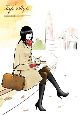 PSD 동물 한마리 우먼라이프 라이프스타일 여자 가방 일러스트 한명 사람 앉기 건물 라이프 반려동물 산책 트렌치코트 강아지 외출 여자만 여자한명만 국내일러스트 1 건축물 잡화 모션 휴식 생활 코트 개 파일형식