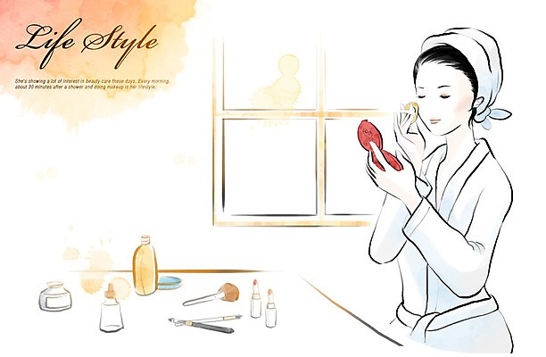 PSD 우먼라이프 라이프스타일 여자 일러스트 창문 한명 사람 라이프 수건 화장 화장품 거울 립스틱 붓 바르기 화장대 목욕타월 여자만 여자한명만 국내일러스트 1 가구 모션 생활 위생용품 뷰티 파일형식