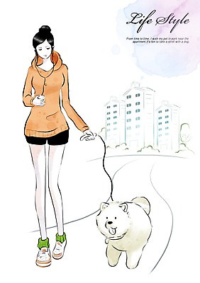 전신 PSD 동물 한마리 우먼라이프 라이프스타일 여자 길 일러스트 아파트 한명 서기 사람 건물 라이프 산책 개 여자만 여자한명만 국내일러스트 1 건축물 포유류 모션 휴식 주택 생활 파일형식