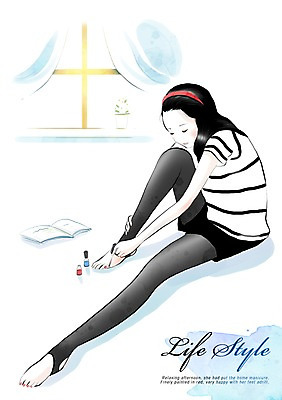 PSD 우먼라이프 라이프스타일 여자 화분 일러스트 창문 한명 사람 앉기 라이프 책 커튼 네일아트 매니큐어 바르기 여자만 여자한명만 국내일러스트 1 모션 생활 뷰티 화장품 파일형식