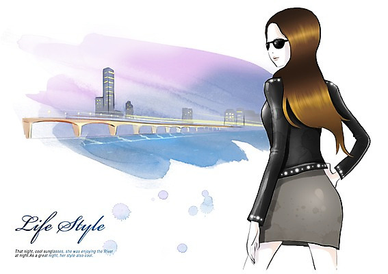 PSD 우먼라이프 라이프스타일 여자 야경 일러스트 한명 사람 빌딩 건물 라이프 선글라스 산책 한강 가죽자켓 가교 여자만 여자한명만 국내일러스트 1 건축물 안경 휴식 서울 생활 재킷 야간 랜드마크 파일형식 풍경_경치