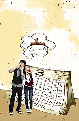 PSD 편집 편집이미지 학생 여자 교육 남자 학교 미소 웃음 사람 두명 달력 3월 개학 이미지편집 표정 날짜 파일형식