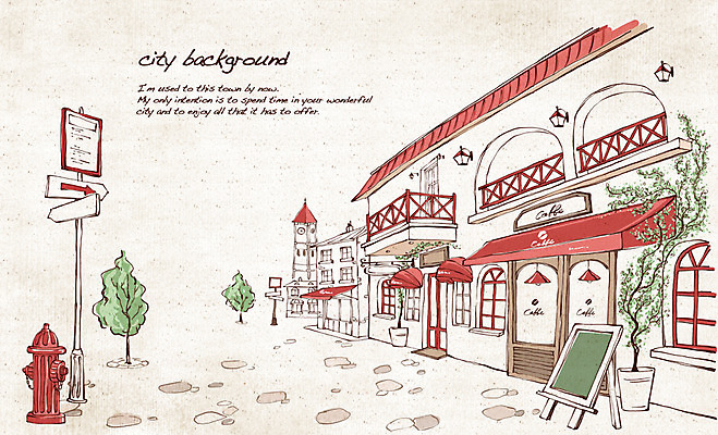 PSD 나무 유럽 선 여행 백그라운드 일러스트 지붕 거리 주택 풍경 사람없음 건물 관광지 칠판 카페 도시 표지판 복고 손그림 노천카페 소화전 복잡 국내일러스트 식물 건축물 나라 컨셉 알림판 상점 안전장비 파일형식