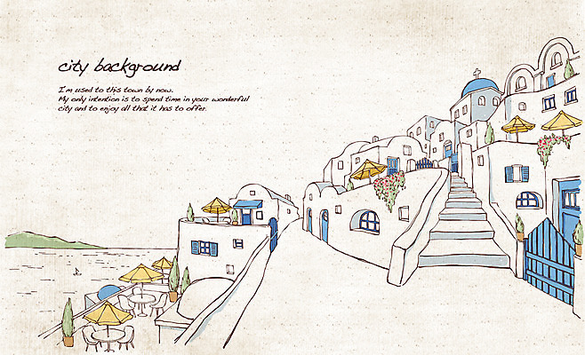 PSD 나무 유럽 길 선 바다 여행 백그라운드 일러스트 지붕 거리 주택 풍경 사람없음 건물 관광지 마을 카페 도시 파라솔 그리스 복고 손그림 노천카페 산토리니 복잡 국내일러스트 식물 건축물 나라 컨셉 상점 파일형식