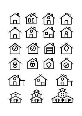 EPS 해외이미지 일러스트 주택 자물쇠 종류 사람없음 세트 다양 심볼 라인아트 체크표시 보안 열쇠구멍 이층집 방패모양 해외202105 해외일러스트 모양 선 다수 안전 건물 확인 방패 파일형식 벡터
