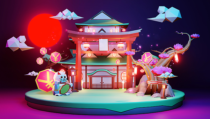 포토 JPG 해외이미지 일러스트 사람없음 태양 3D 일본 성 벚나무 야간 기하학 고립 일본성 폴리곤 로우폴리 해외202105 해외포토 자연요소 나무 건축물 아시아 무늬 벚꽃 디지털합성 파일형식