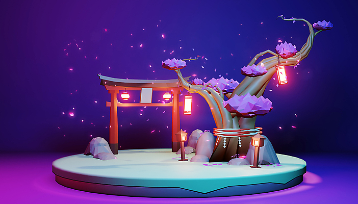 포토 JPG 해외이미지 일러스트 사람없음 3D 일본 벚나무 야간 기하학 토리이 폴리곤 로우폴리 해외202105 해외포토 자연요소 나무 아시아 무늬 벚꽃 디지털합성 신사 파일형식