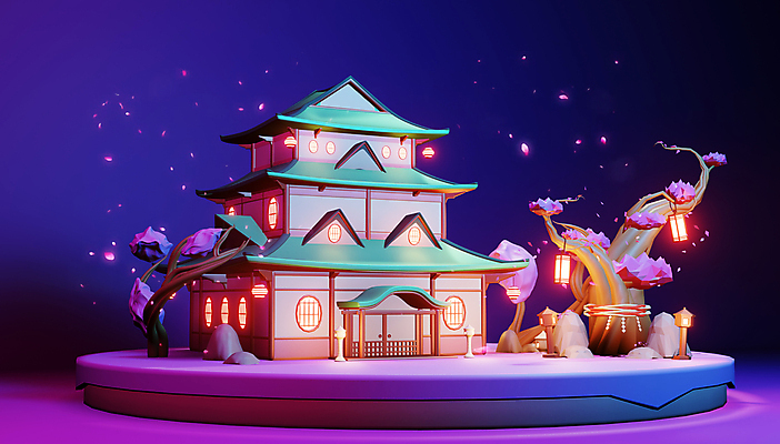 포토 JPG 해외이미지 일러스트 사람없음 3D 일본 성 벚나무 야간 기하학 일본성 폴리곤 로우폴리 해외202105 해외포토 자연요소 나무 건축물 아시아 무늬 벚꽃 디지털합성 파일형식