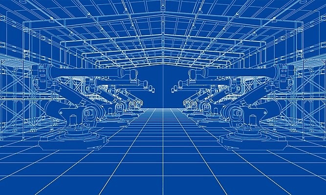 EPS 해외이미지 무료이미지 산업 일러스트 공장 선반 사람없음 3D 기계 작업실 제조 로봇 창고 청사진 자동화 해외202105 해외일러스트 가구 공업 디지털합성 파일형식 벡터