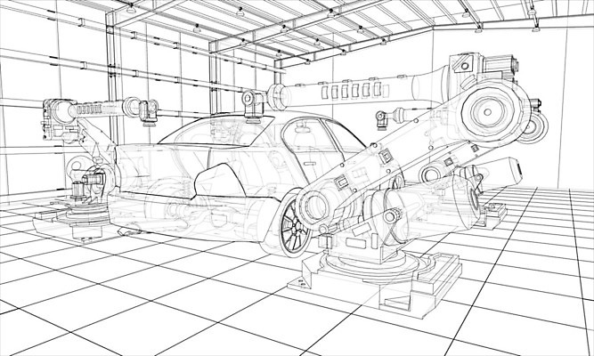EPS 해외이미지 무료이미지 산업 일러스트 공장 자동차 사람없음 내부 3D 기계 제조 로봇 창고 청사진 자동화 해외202105 해외일러스트 육상교통 공업 디지털합성 파일형식 벡터
