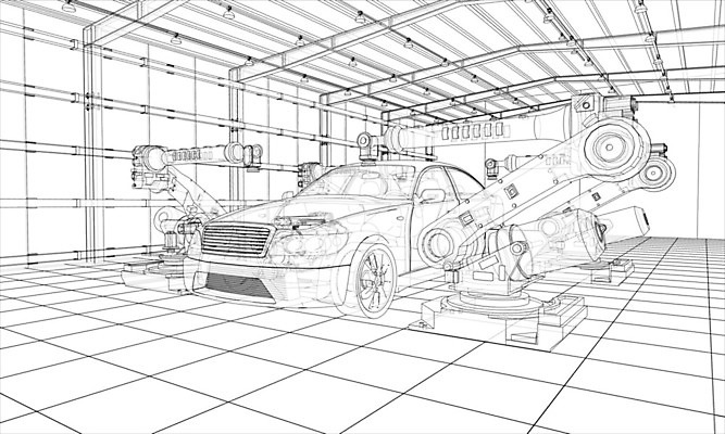EPS 해외이미지 산업 일러스트 공장 자동차 사람없음 내부 3D 기계 제조 로봇 창고 청사진 자동화 해외202105 해외일러스트 육상교통 공업 디지털합성 파일형식 벡터