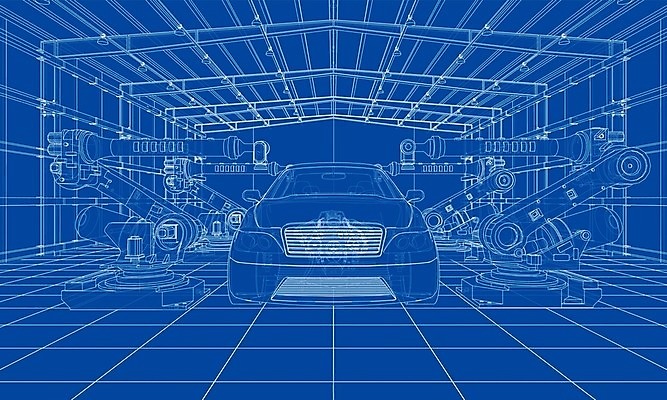 EPS 해외이미지 산업 일러스트 공장 자동차 사람없음 내부 3D 기계 제조 로봇 창고 청사진 자동화 해외202105 해외일러스트 육상교통 공업 디지털합성 파일형식 벡터