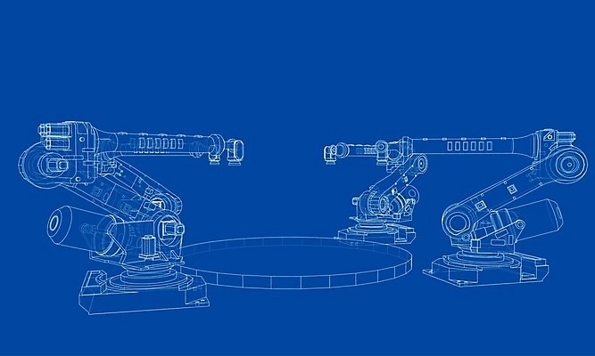 EPS 해외이미지 산업 일러스트 공장 사람없음 3D 기계 제조 로봇 청사진 자동화 해외202105 해외일러스트 공업 디지털합성 파일형식 벡터