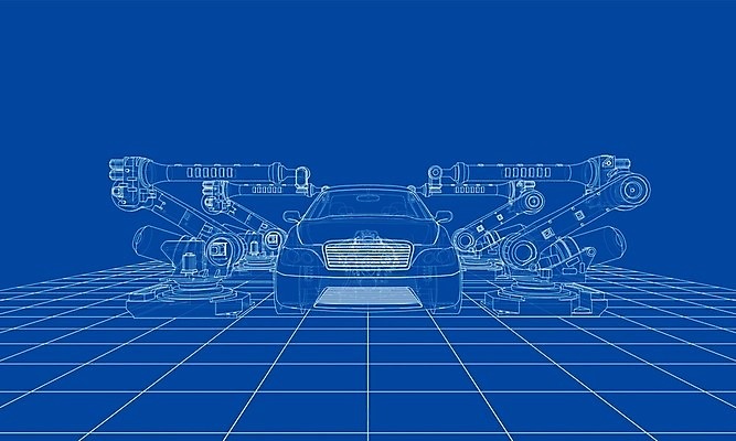 EPS 해외이미지 무료이미지 산업 일러스트 공장 자동차 사람없음 내부 3D 기계 제조 로봇 창고 청사진 자동화 해외202105 해외일러스트 육상교통 공업 디지털합성 파일형식 벡터