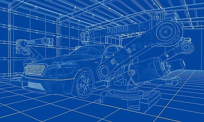 EPS 해외이미지 산업 일러스트 공장 자동차 사람없음 내부 3D 기계 제조 로봇 창고 청사진 자동화 해외202105 해외일러스트 육상교통 공업 디지털합성 파일형식 벡터