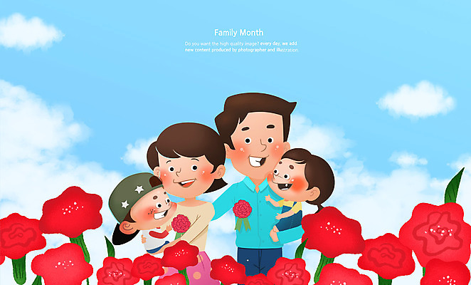 PSD 구름 여자 남자 어린이 일러스트 가족 안기 하늘 엄마 들기 소녀 소년 여러명 상반신 성인 화목 아빠 어버이날 5월 카네이션 가정의달 국내일러스트 자연요소 기념일 꽃 다수 컨셉 관계 모션 사람 날짜 파일형식