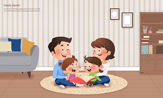 전신 PSD 여자 남자 어린이 거실 일러스트 가족 엄마 책장 앉기 소녀 여러명 성인 책 소파 독서 화목 카펫 아빠 5월 가정의달 마주앉기 국내일러스트 가구 다수 컨셉 의자 관계 모션 사람 날짜 파일형식