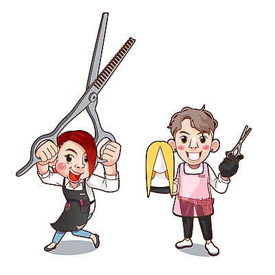 전신 여자 남자 일러스트 직업캐릭터 서기 들기 성인 두명 앞치마 미용사 가발 미용가위 성인만 일러캐릭터 AI파일 직업 캐릭터 모션 가위_도구 사람 미용용품 파일형식 벡터