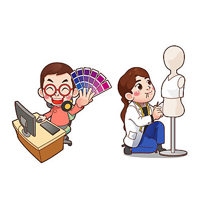 전신 여자 남자 의자 일러스트 직업캐릭터 들기 앉기 상반신 성인 두명 모니터 올려보기 무릎꿇기 마네킹 디자이너 책상 컬러리스트 성인만 안경낌 일러캐릭터 컬러칩 AI파일 직업 캐릭터 안경 가구 모션 사람 컴퓨터 파일형식 벡터