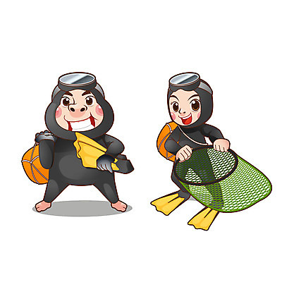 전신 여자 남자 일러스트 직업캐릭터 서기 들기 성인 두명 그물 오리발 해녀 해녀복장 성인만 일러캐릭터 AI파일 직업 캐릭터 옷 모션 사람 파일형식 벡터