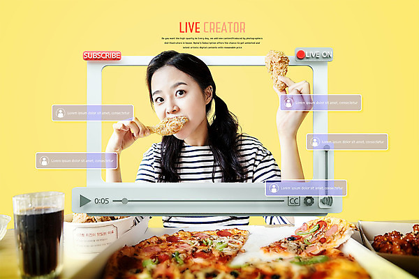 PSD 편집 편집이미지 여자 프레임 피자 한명 들기 상반신 20대 성인 노란색 3D소스 3D 치킨 한국인 먹기 디지털합성 콜라 방송 댓글 동영상 동영상창 라이브 성인여자한명만 편집소스 크리에이터 먹방 유튜버 스트리밍 이미지편집 편집3D 직업 1 컬러 모션 패스트푸드 서양음식 사람 동양인 청년 탄산음료 닭고기요리 여자한명만 성인여자만 파일형식 1인미디어
