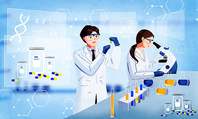 PSD 여자 남자 하늘색 일러스트 현미경 실험 들기 상반신 성인 두명 실험복 약병 DNA 연구원 과학자 시험관 비커 보안경 시험관대 연구소 성인만 국내일러스트 직업 과학 모션 실험기구 사람 파란색 약 가운 생명공학 안전장비 학자 병_담는 파일형식