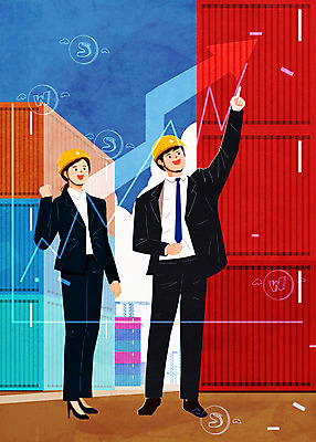 전신 PSD 여자 남자 화살표 일러스트 비즈니스 노동자 서기 정장 성인 두명 항구 파이팅 가리킴 비즈니스맨 비즈니스우먼 안전모 컨테이너 무역 상승 무역항 꺾은선그래프 성인만 국내일러스트 직업 옷 산업 컨셉 교통시설 모션 그래프 사람 손짓 직장인 헬멧 안전장비 파일형식