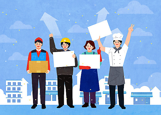 전신 PSD 배너 여자 남자 화살표 하늘색 일러스트 프레임 서기 들기 여러명 성인 건물 주방장 최고 택배기사 어부 브이 성인만 소상공인 건설근로자 국내일러스트 직업 건축물 다수 모션 사람 손짓 경제 파란색 요리사 배달원 상인 파일형식