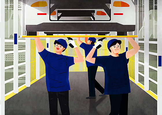 전신 PSD 남자 일러스트 자동차 협력 노동자 작업복 서기 상반신 성인 세명 손들기 작업 산업현장 보안경 성인남자만 자동차공장 국내일러스트 직업 옷 산업 육상교통 공장 모션 사람 안전장비 남자만 성인만 파일형식