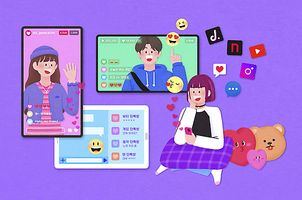 전신 PSD 여자 남자 쿠션 일러스트 모바일 앉기 상반신 성인 세명 친구 스마트폰 보라색 턱괴기 가리킴 어플리케이션 손인사 온라인 이모티콘 소통 라이브 채팅 좋음 성인만 인터넷방송 크리에이터 스트리밍 MZ세대 국내일러스트 직업 컬러 컨셉 관계 모션 사람 손짓 핸드폰 스마트기기 인사 방송 세대 파일형식 1인미디어