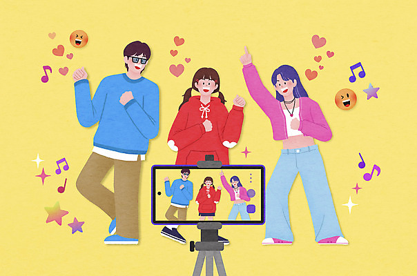 전신 PSD 여자 남자 일러스트 성인 세명 스마트폰 노란색 촬영 춤 즐거움 삼각대 이모티콘 성인만 유튜버 MZ세대 숏폼 국내일러스트 감정 컬러 문화예술 사람 핸드폰 스마트기기 신조어 세대 파일형식 크리에이터