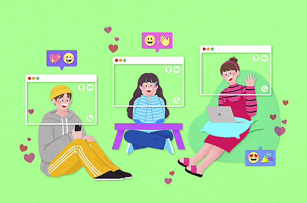 전신 PSD 여자 남자 말풍선 쿠션 일러스트 탁자 모바일 대화 앉기 성인 세명 연두색 친구 노트북 스마트폰 온라인 이모티콘 소통 꽃받침 좋음 성인만 크리에이터 유튜버 MZ세대 숏폼 국내일러스트 직업 가구 컨셉 관계 모션 말하기 사람 손짓 초록색 전자제품 핸드폰 스마트기기 신조어 세대 파일형식 1인미디어