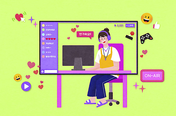 전신 PSD 여자 말풍선 의자 일러스트 한명 앉기 성인 연두색 모니터 책상 이모티콘 소통 라이브 채팅 좋음 성인여자한명만 인터넷방송 크리에이터 1인미디어 MZ세대 국내일러스트 직업 1 가구 컨셉 모션 사람 초록색 컴퓨터 방송 세대 여자한명만 성인여자만 파일형식