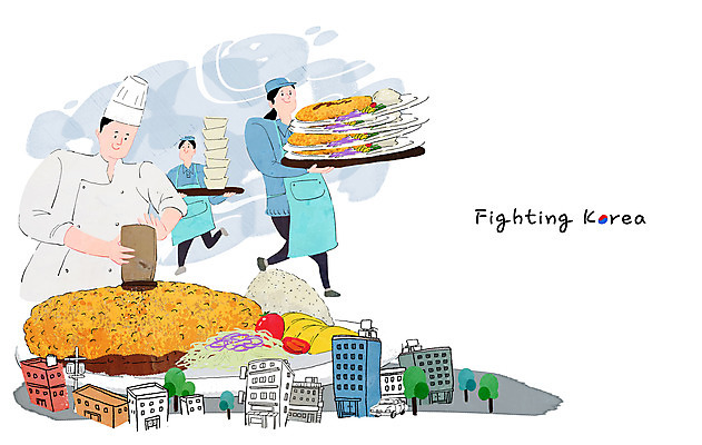 전신 PSD 나무 그릇 접시 여자 남자 일러스트 응원 쟁반 들기 성인 건물 세명 식당 요리사 앞치마 돈가스 사장 직원 서빙 아르바이트 성인만 소상공인 시장경제 국내일러스트 식물 직업 식기 건축물 비즈니스 모션 사람 경제 상점 커틀릿 상인 파일형식