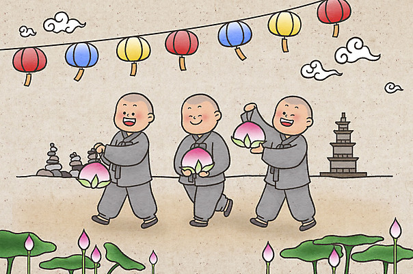 전신 PSD 구름 남자 어린이 불교 일러스트 연꽃 미소 들기 소년 세명 걷기 부처님오신날 석탑 연잎 동자승 연등 승복 소년만 국내일러스트 자연요소 기념일 꽃 종교 잎 모션 표정 사람 탑 등불 승려 불교용품 남자만 어린이만 파일형식