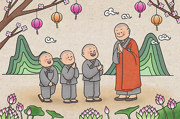 전신 PSD 구름 남자 어린이 중년 불교 일러스트 산 꽃나무 연꽃 서기 소년 여러명 부처님오신날 인사 승려 연잎 동자승 연등 승복 합장 남자만 국내일러스트 자연요소 나무 기념일 꽃 종교 다수 잎 모션 사람 손짓 성인 등불 예절 성직자 불교용품 파일형식