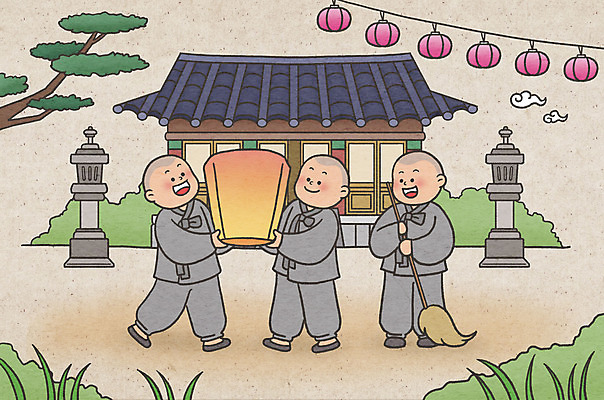 전신 PSD 남자 어린이 불교 일러스트 서기 들기 소년 세명 부처님오신날 소나무 사찰 빗자루 청소 동자승 부처 연등 승복 소년만 국내일러스트 나무 기념일 종교 종교건축 모션 사람 등불 승려 청소도구 불교용품 남자만 어린이만 파일형식